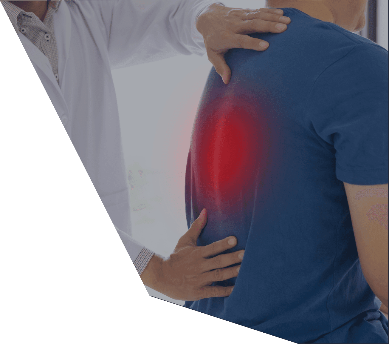 Czerwona grafika w odcinku piersiowym kręgosłupa pacjenta symbolizuje źródło bólu.